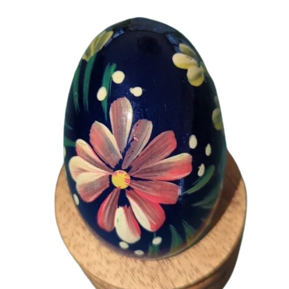 Vintage Folk Art Hand Painted Russian Polish Wooden Easter Egg Flowers Pisanki